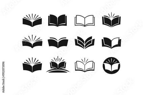 developing expertise. Icon set. Set Logo of developing expertise: open book. harmonious logo variations of the same emblematic concept, each with different