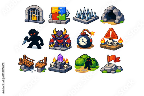 Quest Challenges. Colorful isometric vector icons set of quest challenges: locked gate, puzzle mechanism, spike trap, dark cave, enemy silhouette, boss