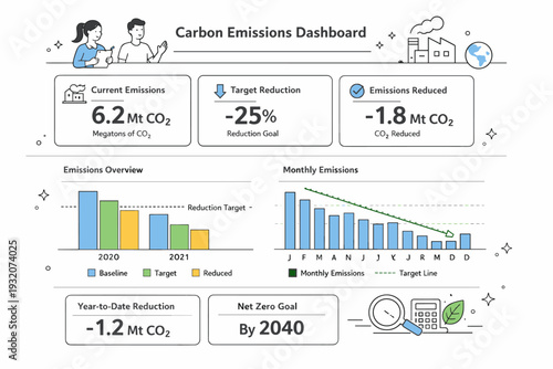 Carbon emissions dashboard. Bar charts and data cards showing emission levels and reductions, clearly structured and easy to read. The scene suggests