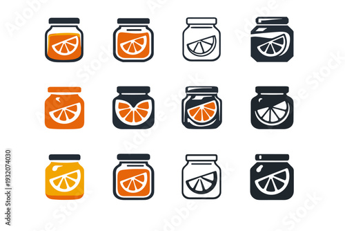 preserved fruits. Icon set. Set Logo of preserved fruits: citrus slice in jar. harmonious logo variations of the same emblematic concept, each with different