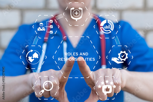 Concept of roles and responsibilities in medical pharmaceutical organization. Positions, functions, tasks and accountability for achieving goals and organizational health care success.