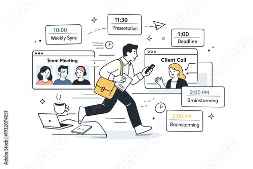 Busy signaling behavior meeting overload. A person moving between overlapping meetings on screens, showing constant motion without clear outcomes. Structured