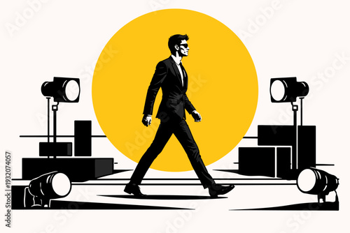 Side profile black-and-white celebrity figure walking confidently, oversized spotlight circle in bright yellow centered on the figure, contrasting black
