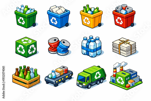 Recycling. Colorful isometric vector icons set of Recycling: plastic recycling bin, paper recycling bin, glass recycling bin, metal recycling bin, recycling