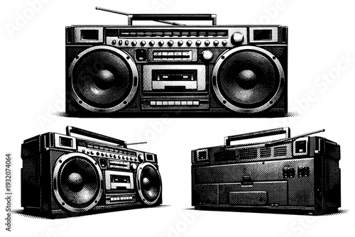 Large speaker boom box. A large speaker boom box represented as a single object in three viewpoints emphasizing oversized drivers, heavy proportions, and
