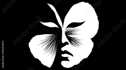 A striking graphic. Butterfly wings and human features are combined in a high-contrast, artistic design