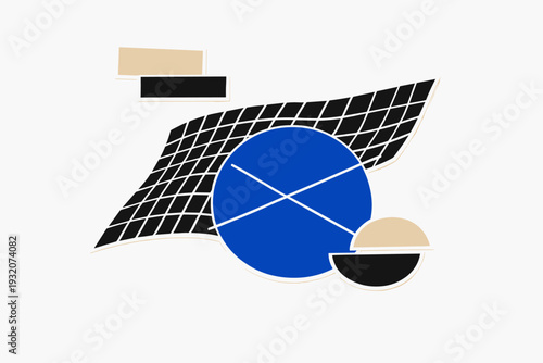 Geometric black line grid distorted diagonally across the composition, large cobalt blue circular form intersected by thin white lines, abstract block elements