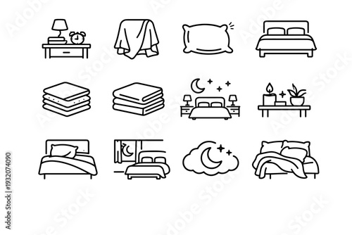 Comfortable Sleep. Line icon set of Comfortable Sleep: bedtime setup, cozy blanket drape, pillow softness, sleep-ready bed, comfort layers, smooth linen,
