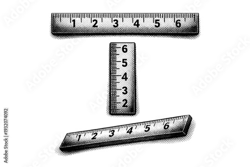 Short ruler scale, a realistic short measuring ruler presented in horizontal view, vertical orientation, and angled view as three object studies with accurate