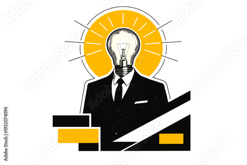 Black and white retro portrait of a person in a suit with a glowing lightbulb instead of a head, bold yellow semicircle radiating behind the bulb, thin linear