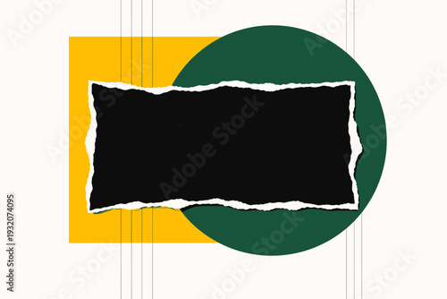 A dramatic black torn paper rectangle forming a central window, thin white contour emphasizing the ripped texture, framed by an oversized yellow geometric