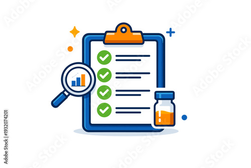 Clinical trial coordinator clipboard showing a clipboard with completed checkmarks and a small vial icon, symbolizing trial monitoring, data collection, and