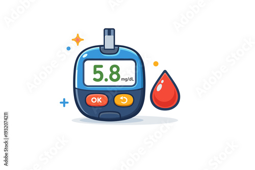 Health monitoring devices represented by a glucose meter paired with a small droplet icon, communicating precision, control, and everyday diabetes management.