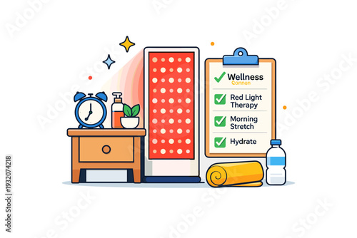 Red light therapy fad integrated into daily routine illustrated by a compact bathroom or bedroom corner with a glowing device and checklist,