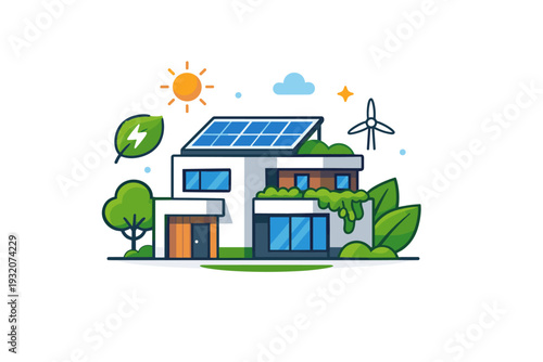 Sustainable housing concept illustrated by a single modern building with solar panels and greenery accents, representing energy-efficient design and conscious