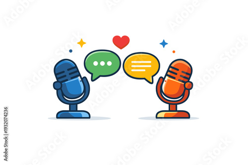 Podcast recording setup visualized as two microphones facing each other with small chat bubbles, communicating conversation, interviews, and human connection