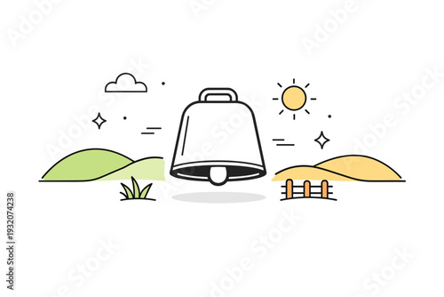 Cow bell as a symbol of countryside. A clean symbolic scene with a single cow bell centered, surrounded by abstract hills and lines. Quiet mood, open space,