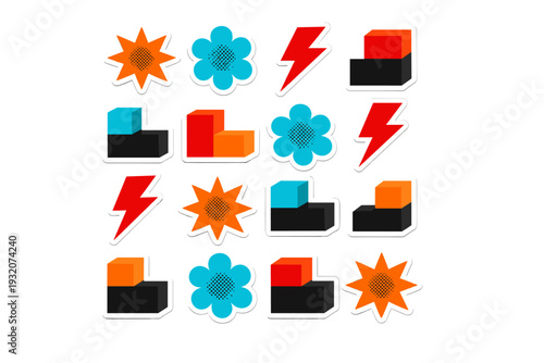Minimalist grid composition of colorful abstract icons ? orange starbursts, cyan flower shapes, red lightning bolts and geometric blocks ? arranged in a