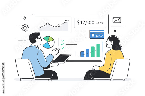 Digital finance review. A consultant and client looking at a large screen with simplified dashboards and financial metrics. Modern tools, efficiency, calm