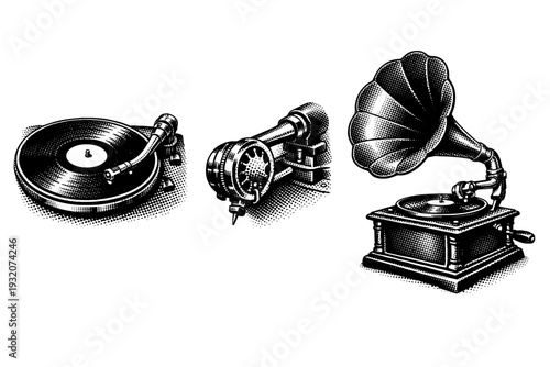 Classic phonograph ? A classic phonograph illustrated as the same object in three views, focusing on turntable surface, tonearm mechanics, and compact body