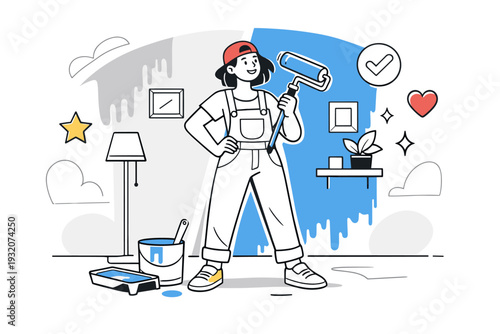 Room Makeover. Half-painted wall showing before-and-after contrast, person standing proudly with paint roller. A sense of progress, freshness, and personal