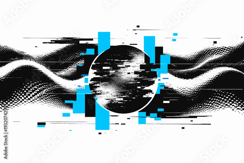 high contrast black and white pixelated wave pattern with electric blue geometric bars interrupting the flow, circular cut-out glitch core in the center, thin