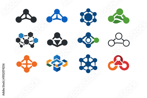 Resources. Icon set. Set Logo of Resources: interconnected supply nodes. harmonious logo variations of the same emblematic concept, each with different