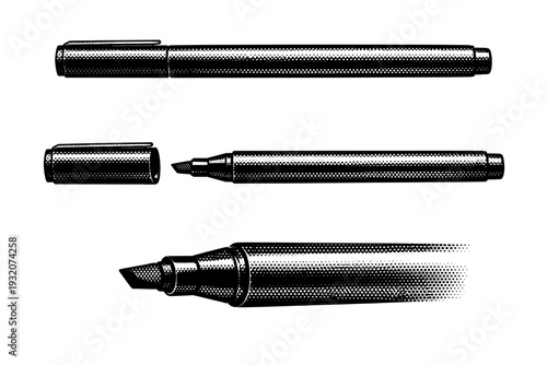 Highlighter ? slim pen-style highlighter. A realistic slim pen-style highlighter presented as one consistent object in three different views, emphasizing