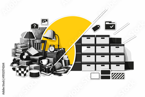 Vintage black and white room corner with scattered objects on one side transitioning into perfectly aligned boxes on the other, large yellow semicircle