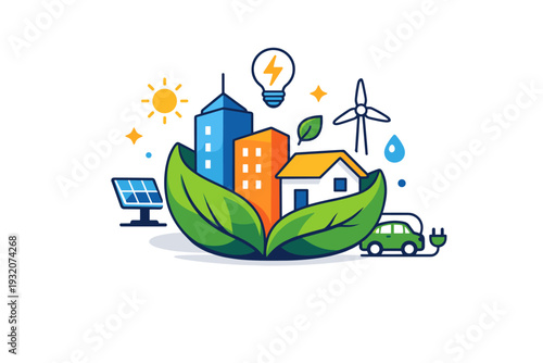 Eco-friendly urban development shown through simplified buildings wrapped with leaves and small energy icons, conveying harmony between nature and city life.