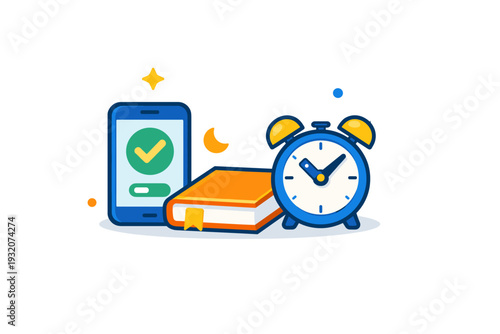 Screen time management tools focused on a phone placed beside a book and clock icon, suggesting balanced routines and intentional offline time. Minimalist flat