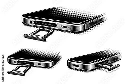 Smartphone SIM tray A smartphone edge detail featuring SIM tray slot and pinhole shown in close-up front, angled, and side views as one object composition.