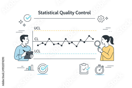 Statistical quality control. Line charts and control limits displayed clearly, showing stable and monitored processes. The illustration conveys balance,