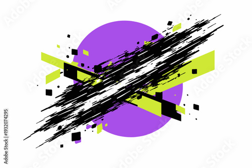 A chaotic yet balanced black glitch stripe pattern stretching diagonally, outlined subtly in white for a cut-out look, large electric purple circle behind and