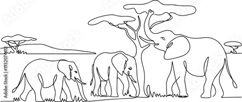 One continuous line drawing of Elephants in the vast savanna are looking for food vector illustration. Animal activity design illustration simple linear style vector concept. one line Icon drawing