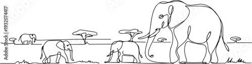 One continuous line drawing of Elephants in the vast savanna are looking for food vector illustration. Animal activity design illustration simple linear style vector concept. one line Icon drawing