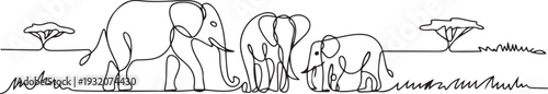 One continuous line drawing of Elephants in the vast savanna are looking for food vector illustration. Animal activity design illustration simple linear style vector concept. one line Icon drawing