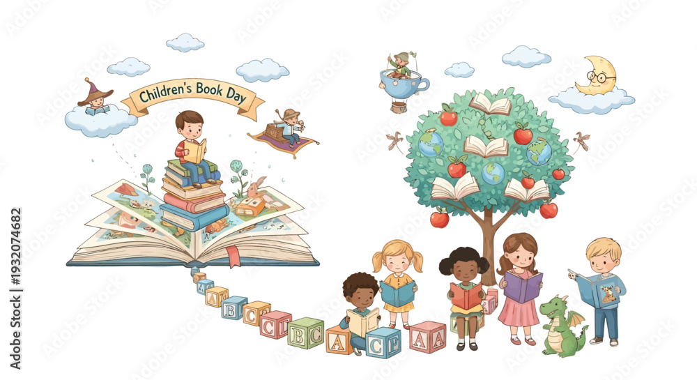 Obraz premium Children Reading Books Under Tree Illustration.
