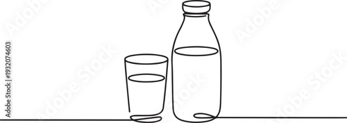 One continuous line drawing of bottle and glass with milk containt. beverage in simple linear style. beverage design concept. one line Icon drawing