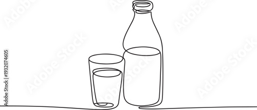 One continuous line drawing of bottle and glass with milk containt. beverage in simple linear style. beverage design concept. one line Icon drawing