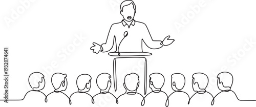 One continuous line drawing of a man is giving a speech in front of an audience vector illustration. Speech illustration simple linear style vector concept. one line Icon drawing