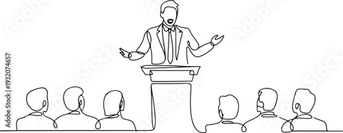 One continuous line drawing of a man is giving a speech in front of an audience vector illustration. Speech illustration simple linear style vector concept. one line Icon drawing