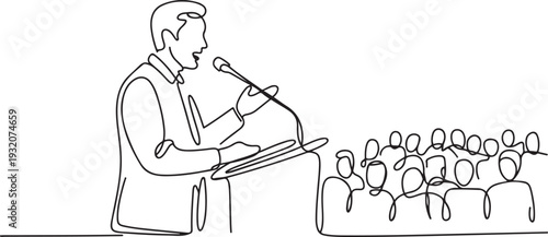 One continuous line drawing of a man is giving a speech in front of an audience vector illustration. Speech illustration simple linear style vector concept. one line Icon drawing