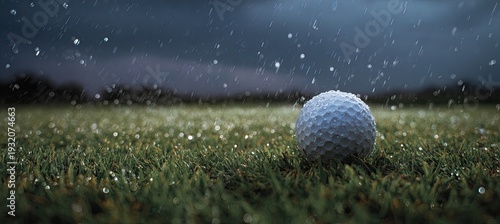 Golf ball resting on wet grass during a stormy evening with rain falling.