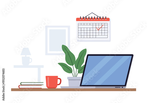 Modern flat vector illustration of remote worker at home office with laptop representing freelance productivity, digital work and modern flexible lifestyle