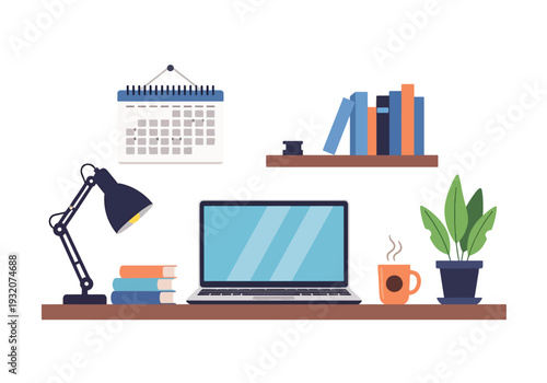 Modern flat vector illustration of remote worker at home office with laptop representing freelance productivity, digital work and modern flexible lifestyle