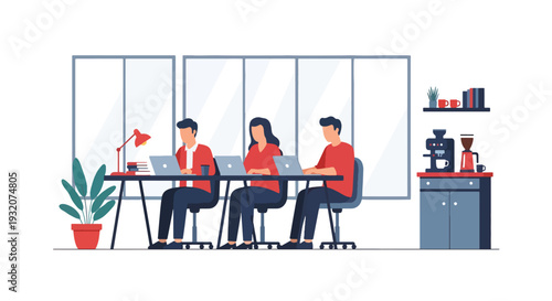 Modern flat vector illustration of cafe coworking office with freelancers and entrepreneurs working together representing startup culture, collaboration and creative business environment