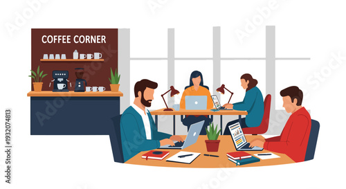 Modern flat vector illustration of cafe coworking office with freelancers and entrepreneurs working together representing startup culture, collaboration and creative business environment