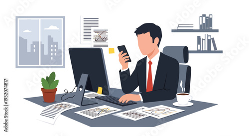 Modern flat vector illustration of employee multitasking at desk with laptop, phone and documents representing busy workflow, productivity and modern office lifestyle