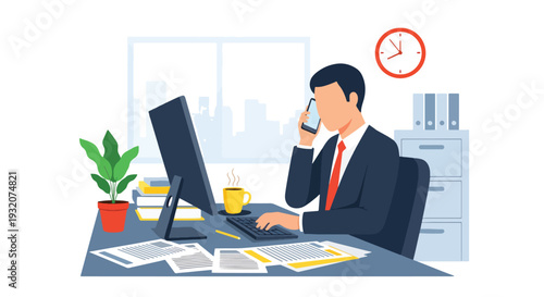 Modern flat vector illustration of employee multitasking at desk with laptop, phone and documents representing busy workflow, productivity and modern office lifestyle